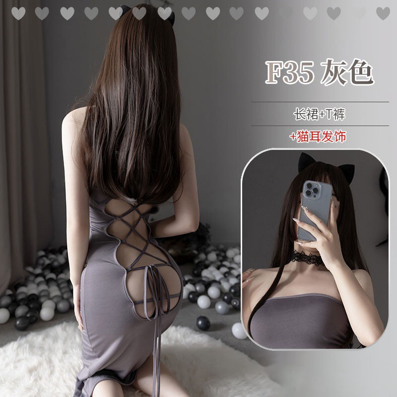 Image of Long skirt tie plus size erotic lingerie leopard print passion nightclub lady can wear uniform to seduce adult tight